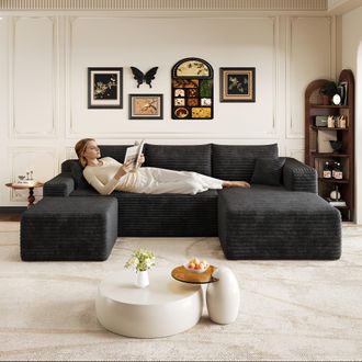 STILVORA Divano Modulare 4 Posti In Velluto A Coste Con Pouf E Chaise Longue A Destra, Senza Montaggio, Nero