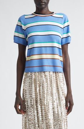 Zankov Benji Stripe Short Sleeve Wool Sweater in Hyacinth at Nordstrom, Size X-Small