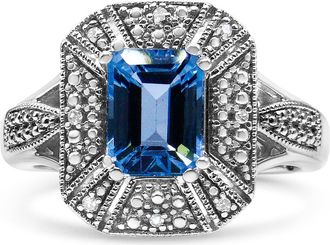 House of Brilliance Silver Diamond Accent and 8X6 mm Blue Topaz Ring in White at Nordstrom, Size 6.5