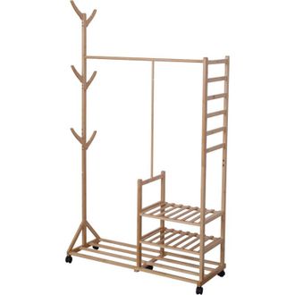 Relaxdays Perchero Relaxdays Bamb&uacute;, 4 Estantes, Barra Para Ropa, 6 Ganchos, 176x100x38 Cm, Con Ruedas, Natural