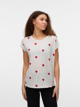 Vero Moda Kurzarmshirt VERO MODA VMAVA SS TOP MULTI AOP NOOS, Damen, Gr. XL, snow wei&szlig; aop:rot salsa hearts, Jersey, Obermaterial: 95% Lyocell, 5% Elasthan, bed