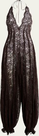Etro Plunging Halter Lace Balloon-Leg Jumpsuit