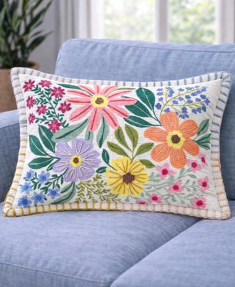 Vibhsa Backyard Garden Floral Embroidered Decorative Lumbar Pillow, 14 x 20