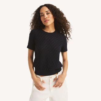 Nautica Womens Diamond Short-Sleeve Sweater