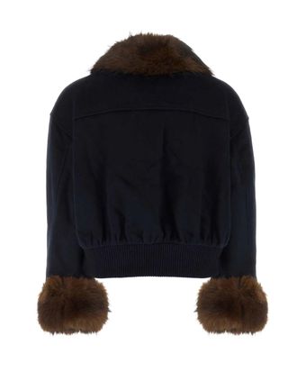Self Portrait Fur-Trimmed Wool Jacket - Navy