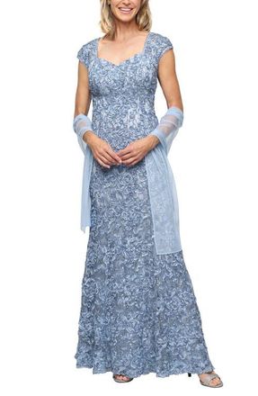 Alex Evenings Soutache Sequin Lace A-Line Gown with Wrap in Skyblue at Nordstrom, Size 10