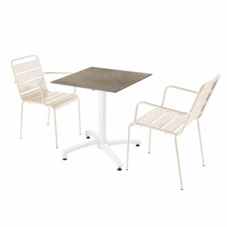 Oviala Mesa de jard&iacute;n con laminado de m&aacute;rtaupe beige y 2 sillones marfil
