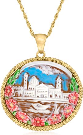 Ross-Simons Italian Brown Shell Cameo San Marco Square Pendant Necklace With Multicolored Enamel in 18kt Gold Over Sterling