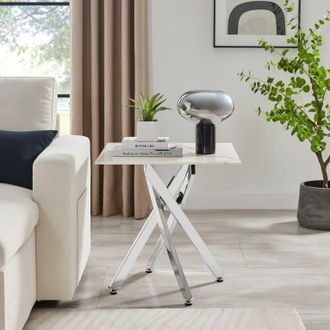 Furniturebox Leonardo Square Marble Effect Glass Top Side Table With Silver Metal Starburst Legs in White