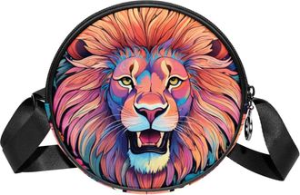 Generic Circle Crossbody Bag for Women, Color Drawing Lion Small Sling Bag Daypack with Zipper Adjustable Shoulder Straps Casual Ladies Girls Round Purse