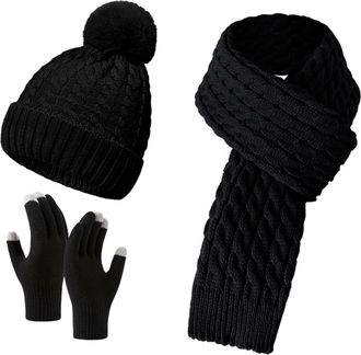 Generic hat and scarf set for women,Hat Scarf and Gloves Set ladies-Fleece Lined 3 in 1 beanie hat for women Cold Weather Knitted hat and scarf set 3 PCS Ski 