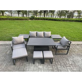 Fimous Aluminum 8-Seater Sofa Set with Lifting Table, 2 Chairs & 2 Side Table in Dark Grey