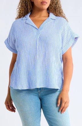 Beach Lunch Lounge Arin Stripe Short Sleeve Cotton Button-Up Shirt in Blue Harbor at Nordstrom, Size 2 X