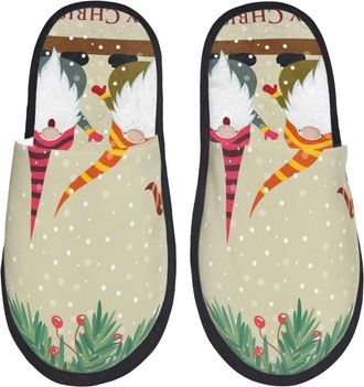 Generic Fluffy Slippers Christmas Card With Gnomes Reusable Fleece Slippers Warm Cotton Slipper For Women Holiday Ladies M