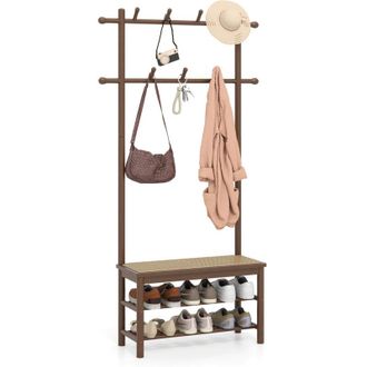 Costway Bamboo Coat Rack PE Rattan Hall Tree with Bench & Shoe Storage-Brown