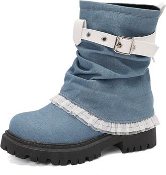 Generic Womens Closed Round Toe PU Leather Combat Booties Pull on Short Boots with Buckle Block Heel Platform Gothic Boots,Blue,3.5 UK