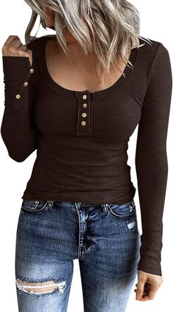 Generic Long Sleeve Stretch Top Shirts Slim Fit Button Down Henley T Shirts Scoop Neck Ribbed Knit Shirts Tight Ladies Blouses Comfy Tee Tops for Everyday Hol