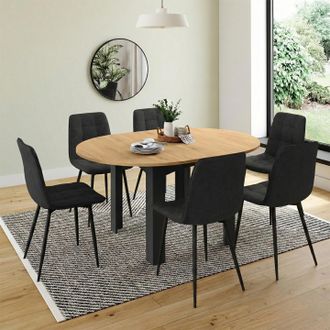 IDMarket Conjunto De Mesa De Comedor Redonda Extensible Dona Negra Con Tablero Efecto Haya De 110 - 150 Cm Y 6 Sillas Mila De Terciopelo