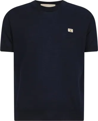 Valentino Round-neck Knitwear, male, Blue, Size: 2XL Wool T-Shirt With VLogo Patch