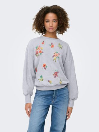 Only Sweatshirt ONLY ONLBROOKE L/S O-NECK FLOWER SWT, Damen, Gr. XXL, light grau melange print:autumn flowers, Sweatware, Obermaterial: 60% Baumwolle, 40% 