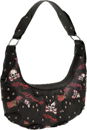 Ed Hardy Womens Studded Tattoo Hobo Shoulder Bag - Rocker Style, Zip Closure, Black Skull & Rose Print, Tote