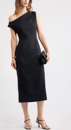 Nordstrom Floral Off the Shoulder Linen Blend Midi Dress in Black at Nordstrom, Size Xx-Small