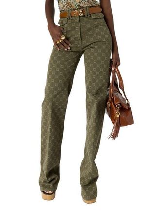 Gerard Darel Anna Monogram Print Flared Jeans in Khaki Green at Nordstrom, Size 4