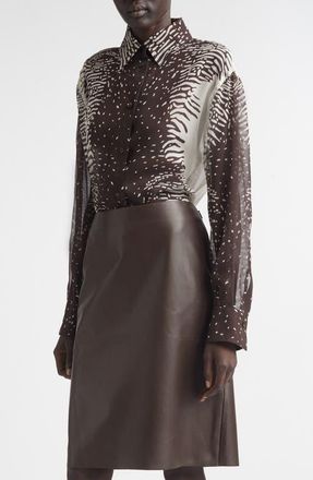 Ferragamo Animal Print Silk Chiffon Button-Up Shirt in 0967/701 Parchment/Expresso at Nordstrom, Size 10 Us