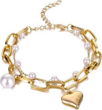 Generic Vintage Pearl Love Heart Thick Chain Bracelet for Women Korean Big Pearl Gold Chain Charms Bracelets Jewelry Gift Clever Fashion