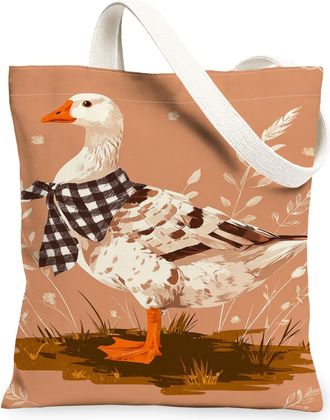Generic Goose Canvas Tote Bags, Cute Farm Animal Design Reusable Grocery Bags, Autumn Vintage Lightweight Washable Shoulder Strap C, Brown, 13x15 Inch