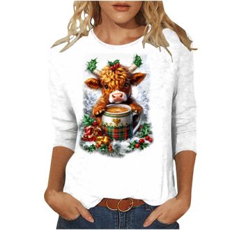 Generic KUIH Christmas Tops for Women UK 3/4 Sleeve Crewneck Pullover Jumper Graphic Print Xmas T Shirt 2024 Festival Party Tees Dressy Casual Blouse Tunic To