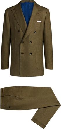 Kiton Linnen en Wolmix Double-Breasted Pak - Heren - Business pakken - Groen - XL - Wol - Kostuums