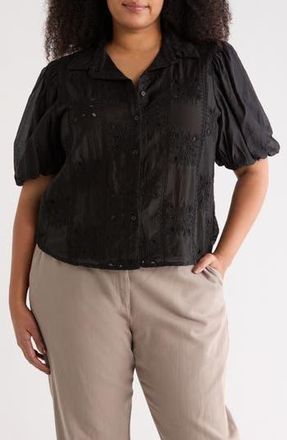 Forgotten Grace Eyelet Puff Sleeve Button-Up Shirt in Black at Nordstrom Rack, Size 2 X