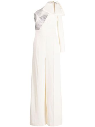 Elie Saab Tuta intera monospalla con paillettes - Bianco