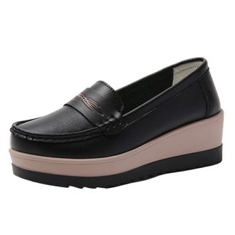 Generic Ladies Slip On Shoes Wide Fit Casual Womens Shoes Round Toe Thick Sole Breathable Stylish Comfortable Wedge Shoes Office Leisure Black
