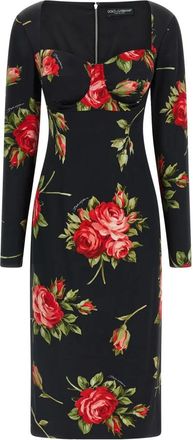 Dolce & Gabbana Rose bouquet-print sheath jurk - Dames - Feestkleedjes - Zwart - L - Satijn - Kleedjes