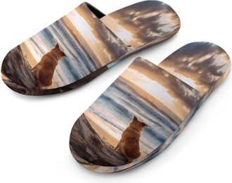 Generic Dog Sitting on Beach Sunset Mens Cozy Memory Foam Slippers Warm Cotton House Shoes Comfy Slipper for Indoor Outdoor
