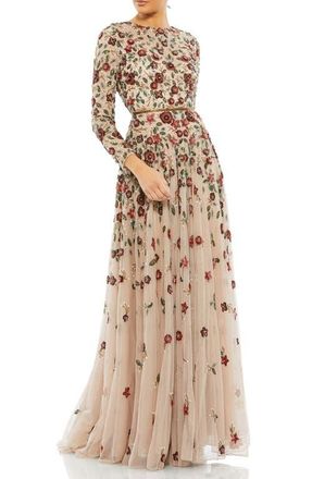Mac Duggal Embellished High Neck Long Sleeve A Line Gown in Antique Rose at Nordstrom, Size 12