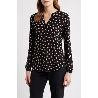 Anne Klein Polka Dot Split Neck Top in Anne Black/Latte at Nordstrom, Size X-Large