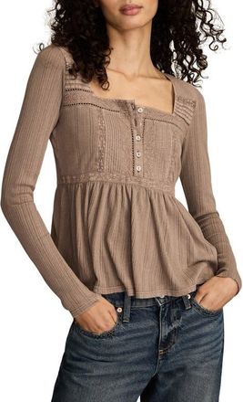 Lucky Brand Embroidered Long Sleeve Peplum Top in Deep Taupe at Nordstrom, Size Xx-Large