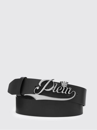 Philipp Plein Calfskin Leather Belt with Metallic Logo Plaque