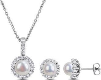Delmar Cultured Pearl & Cubic Zirconia Halo Pendant Necklace & Stud Earrings Set in Silver at Nordstrom Rack