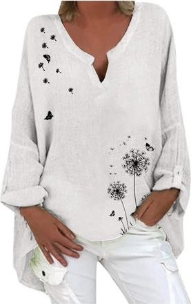 Generic Womens Tunic Blouse Tops Fashion Plus Size Solid Cotton Linen Loose Casual Long Sleeve V-Neck Tees Shirts Jumpers for Women UK Sale White