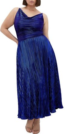 City Chic Kamila Pliss&eacute; Metallic Sleeveless Maxi Dress in Navy at Nordstrom, Size Xxxs