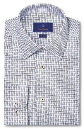 David Donahue Trim Fit Jasp&eacute; Check Twill Cotton Dress Shirt in Blue/Merlot at Nordstrom, Size 15.5 - 34