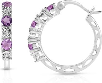 MAX + STONE 925 Sterling Silver Real Diamond and Gemstone Hoop Earrings