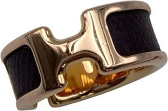 Herm&egrave;s Dark Brown Yellow Leather Metal Band Ring (Pre-Owned)