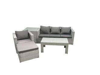 Fimous Outdoor Rattan Garden Furniture Set with Grey Cushions Luxury 5 Seater with Side Table & Coffee Table For Conservatory, Patio in Light Grey