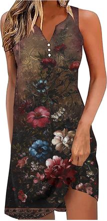 Generic Womens Sundresses Boho Beach Dress Summer Casual Mini Dresses Retro Floral Printed Sleeveless Dress Button Up V Neck Casual Beach Party Vest Dresses L