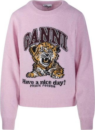 Ganni Graphic Wool Sweater - Dames - Ronde hals truien - Roze - S - Wol - Truien & Vesten